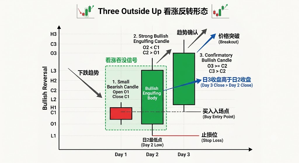 三路阳线外包/外侧三上 Three Outside Up candlestick pattern 三路阳线外包/外侧三上 Three Outside Up candlestick pattern
